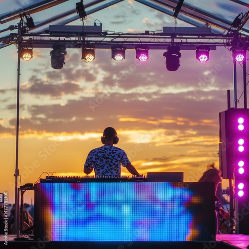DJ performing live during sunset at an outdoor music festival