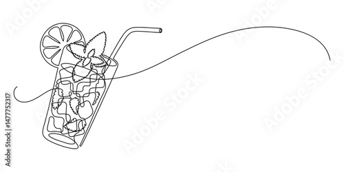 Glass of mojito, or cocktail with lemon and mint. Continuous line drawing.