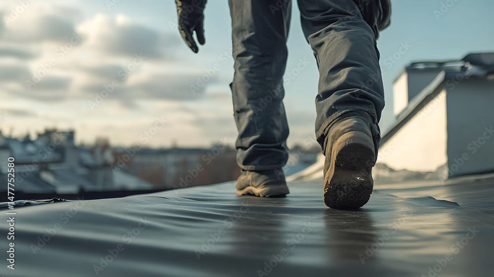 Obraz premium Construction Worker Walking on a Rooftop