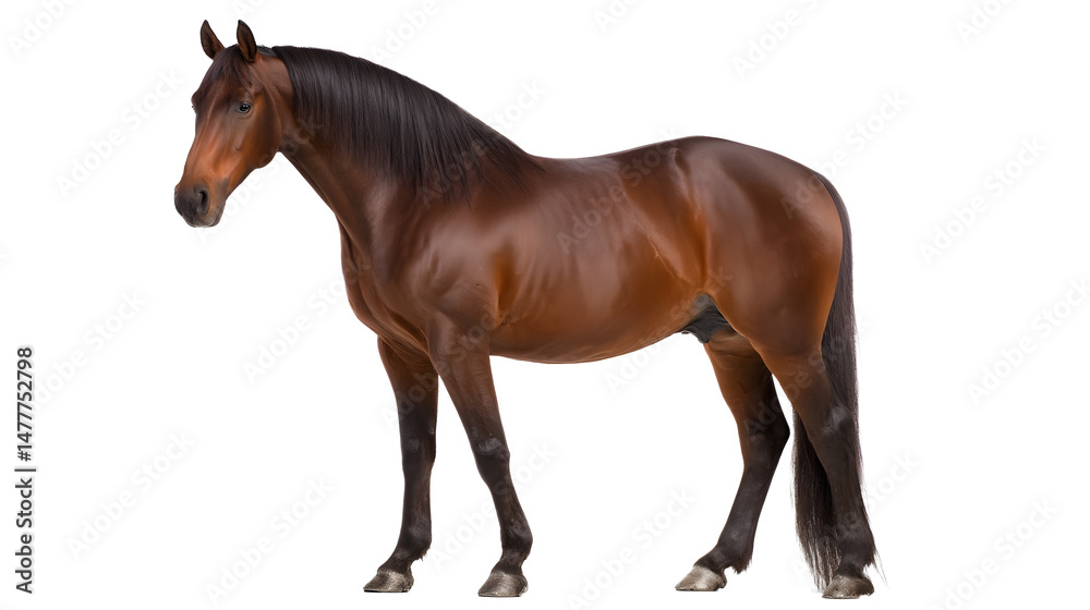 Fototapeta premium A powerful and regal brown horse stands proudly in a serene outdoor setting its muscular frame and elegant features showcasing the natural beauty and strength of this magnificent animal