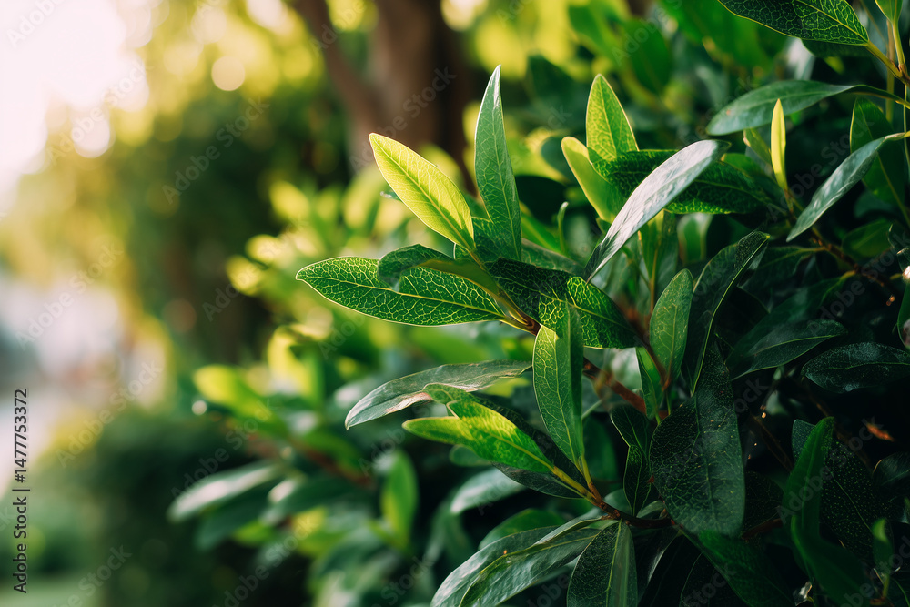 Fototapeta premium Close-up of laurel bush with bright green leaves, soft natural sunlight, slightly blurred background of lush garden, warm and cozy atmosphere.