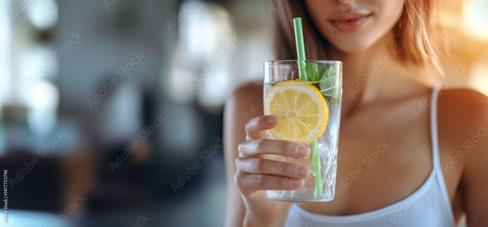 Fototapeta premium Stylish Young woman, with the focus on her hand holding a glass with Lemonade and mint, a blurred bokeh background. Copy space
