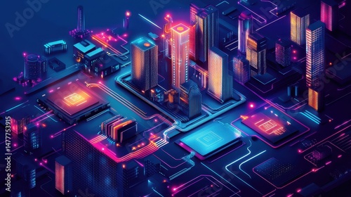 Futuristic Microchip Infrastructure features a 3D visualization of a sci-fi city where advanced technology and urban planning seamlessly converge.