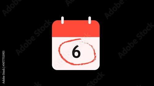 2d animation Marking the date in the calendar with a red marker. Marking the date of the number calendar with alpha channel or transparent background.