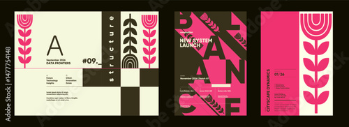 Bold modular layouts featuring linear symbols, system diagrams, and dynamic font composition in editorial grid-based presentation.