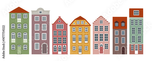 Set of old european style houses. Colorful facades of ancient building standing in a row. Hand drawn vector illustration isolated on white background, flat cartoon style.