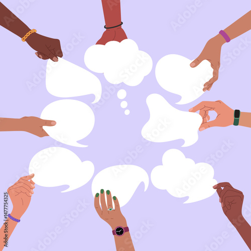 Hands holding speech bubbles, exchange of opinions, ideas or information .Cooperation and communication concept. Hand drawn vector illustration isolated on purple background, flat cartoon style.