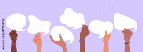 Group of diverse people hands raised up and speech bubbles. Communication, opinions and idea exchange. Hand drawn vector vector illustration isolated on purple background, flat cartoon style.