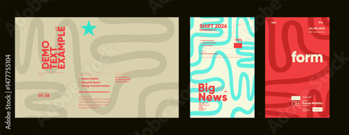 Playful posters with wavy grid lines, editorial text samples, and abstract compositions in pastel and neon contrast colors for demo layouts.