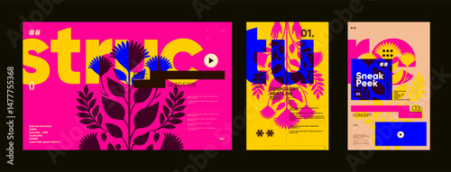 Energetic posters with neon floral elements, bold letters, and colorful editorial grid compositions for modern art events and visual teasers.