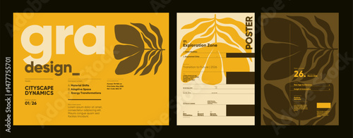 Geometric floral-based posters using flat retro aesthetics and organized type hierarchy for showcasing futuristic city design themes.