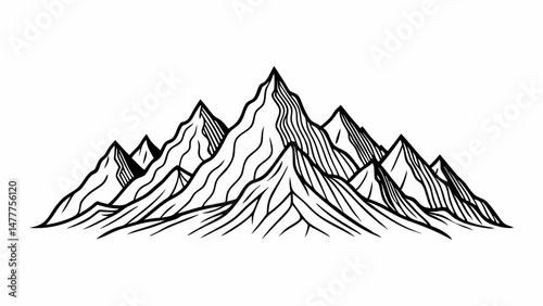 Minimalist Mountain Range Line Art – Black and White Tattoo Style Mountain Illustration on White Background
