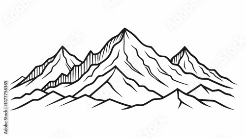 Minimalist Mountain Range Line Art – Black and White Tattoo Style Mountain Illustration on White Background