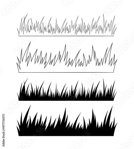 Grass, a set of contour silhouette, isolated on a white background, black and white vector graphic illustration. A row of blades of grass is hand-drawn with a line. Grass border for frame, decoration