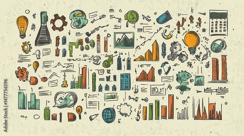 Hand-Drawn Business Doodles Representing Operational Flow, Market Segmentation, and Strategic Goals.
