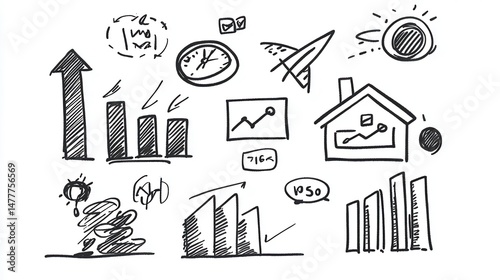 Hand-Drawn Business Doodles Representing Operational Flow, Market Segmentation, and Strategic Goals.