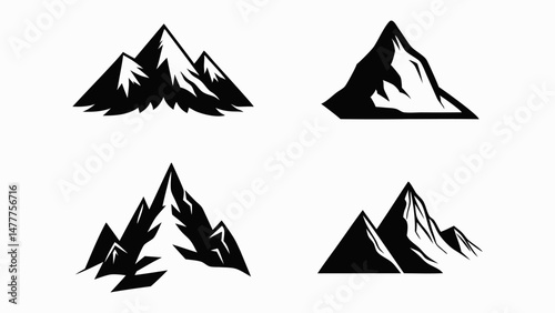Black Mountain Silhouette Icons Set – Vector Snowy Peaks Collection for Logo and icon Design