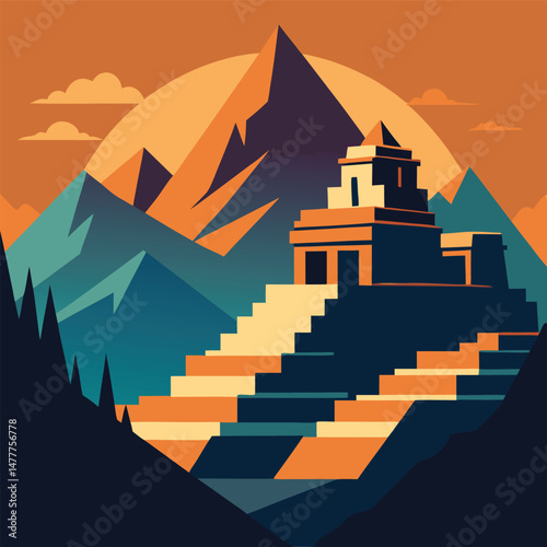 Colorful Illustration of an Ancient Mayan Temple Amidst Majestic Mountains