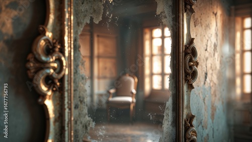 A weathered antique mirror reflects a dimly lit room with an old chair, creating a nostalgic and slightly melancholic mood. The ornate frame adds a touch of elegance to the scene.