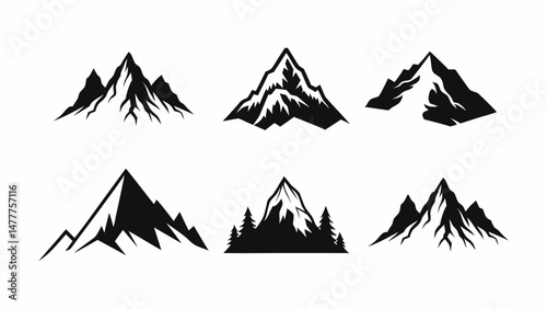 Black Mountain Silhouette Icons Set – Vector Snowy Peaks Collection for Logo and icon Design