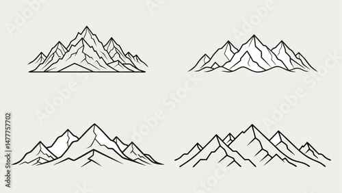 Hand-Drawn Mountain Outline Icon Set – Minimal Line Art Peaks for Vector Designs