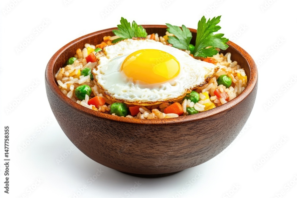 Fried Rice with Egg and Mixed Vegetables in Wooden Bowl Fried Rice with Egg and Mixed Vegetables in Wooden Bowl