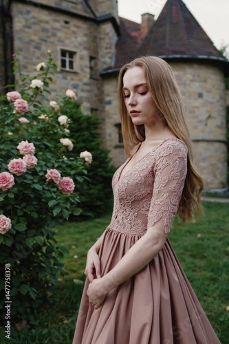 young woman walks slowly through an overgrown garden path beside an old stone castle. She turns her head slightly toward the camera, revealing a calm, unreadable expression
