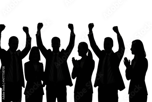 Silhouette of business team celebrating success with raised fists up high