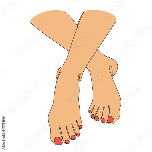 Silhouettes of human legs, feet in modern one line style. Red painted nails. Continuous line drawing, stickers, logo. Vector illustration.