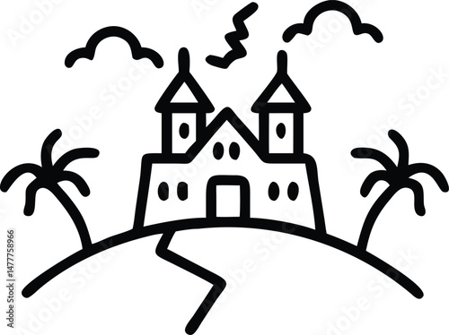 A charming cartoon castle stands illuminated against the night sky, a whimsical vector illustration perfect for your design