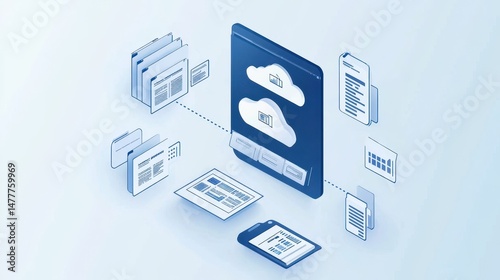 Holistic integration of cloud-based document management and productivity systems features interconnected software applications designed to streamline workflows and enhance efficiency.