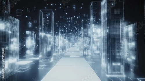 Holographic Skyways and Data Streams presents a futuristic cityscape where floating data channels and white walkways create a mesmerizing visual experience.