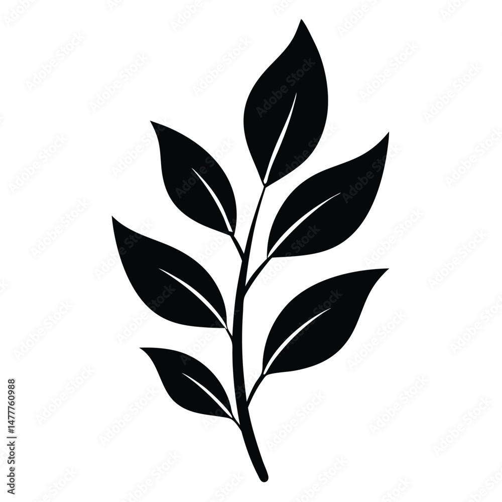 Black silhouette vector of a botanical branch with leaves on a white background, elegant nature design Black silhouette vector of a botanical branch with leaves on a white background, elegant nature design