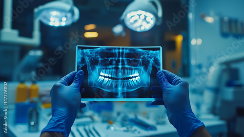 dentist examining panoramic dental x-ray in modern clinic
