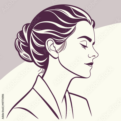 Elegant Woman in Profile with Sophisticated Bun Hairstyle - Minimalist Vector Illustration for Beauty, Fashion, and Portrait Concepts

