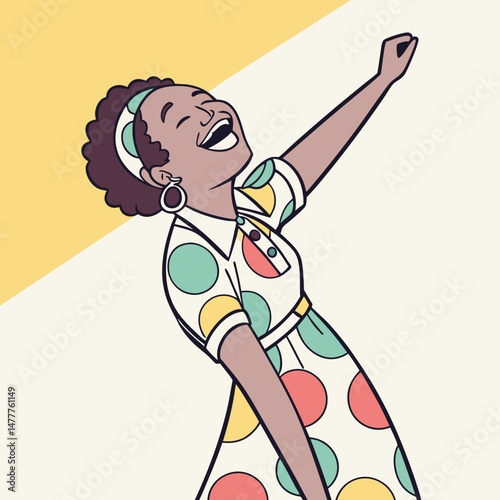 Enthusiastic African American Woman Laughing with Arm Raised - Colorful Vector Illustration for Joy, Celebration, and Positive Emotions