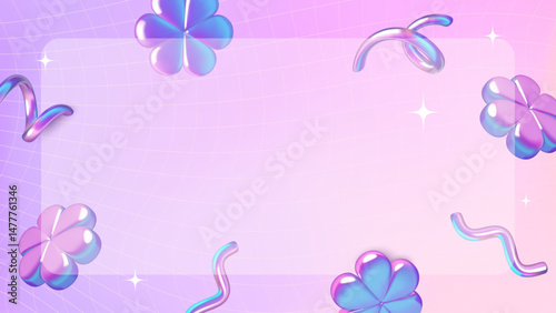 Purple abstract y2k gradient background with glass and holographic 3d flowers and spirals. Summer and spring bloom design with copy space. Vector illustration