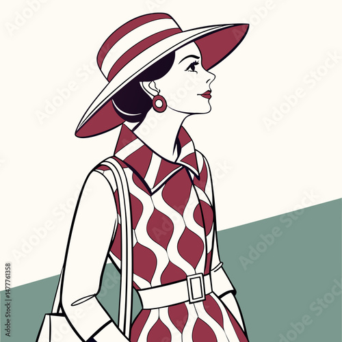 Elegant Woman in Striped Hat and Patterned Dress with Shoulder Bag - Stylish Vector Illustration for Fashion and Sophistication

