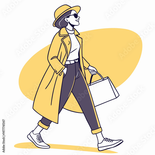 Stylish Woman in Hat, Sunglasses, and Trench Coat Walking with Shopping Bag - Colorful Vector Illustration for Fashion and Urban Style

