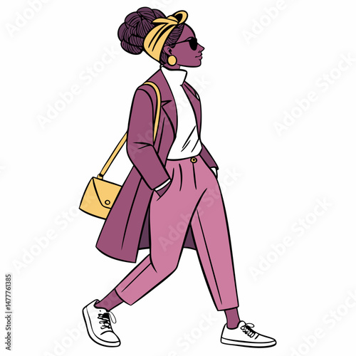 Stylish Woman Walking with Headscarf and Sunglasses - Colorful Vector Illustration for Fashion and Urban Lifestyle Concepts