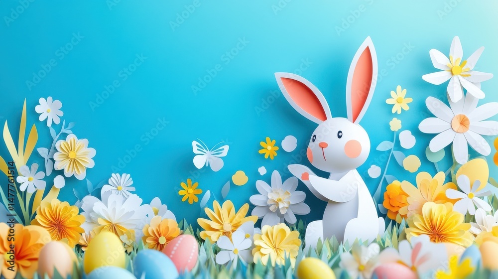 Fototapeta premium Colorful Paper Cut Easter Bunny in a Bright Spring Background