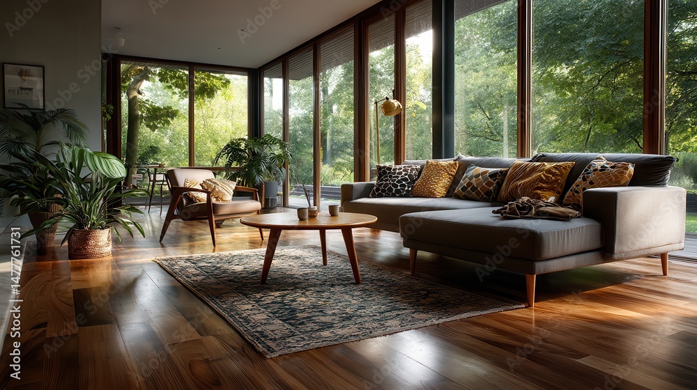 Fototapeta premium Peaceful modern living room with forest views