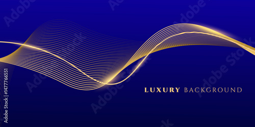 Abstract luxury blue gradient with shining gold flowing lines. Modern luxury line wave pattern background