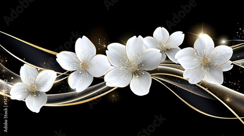 Elegant white flowers on a black background with golden lines.