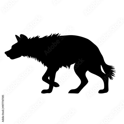Minimalist black silhouette of a hyena in loping gait against a white background