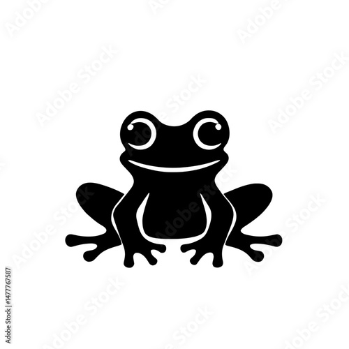 Minimalist black silhouette of a frog ready to leap on white background