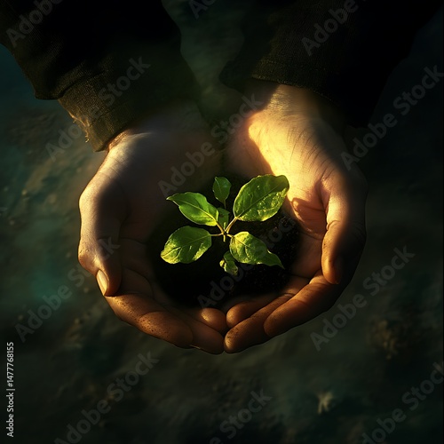 Seedling in Hands:Hopeful hands gently cradling a young, vibrant seedling, symbolizing growth, new beginnings, and environmental responsibility.