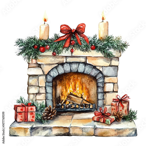 Christmas Fireplace, watercolor illustration, isolated on a white background.