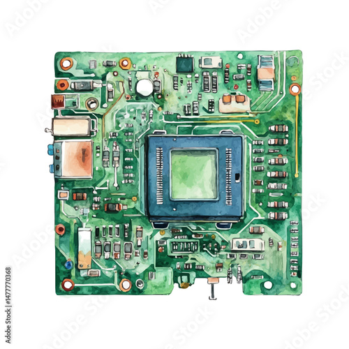 watercolor of Circuit Board, isolated on a white background.