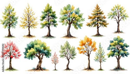 tree hand painted watercolor collection, isolated on white background, clipart